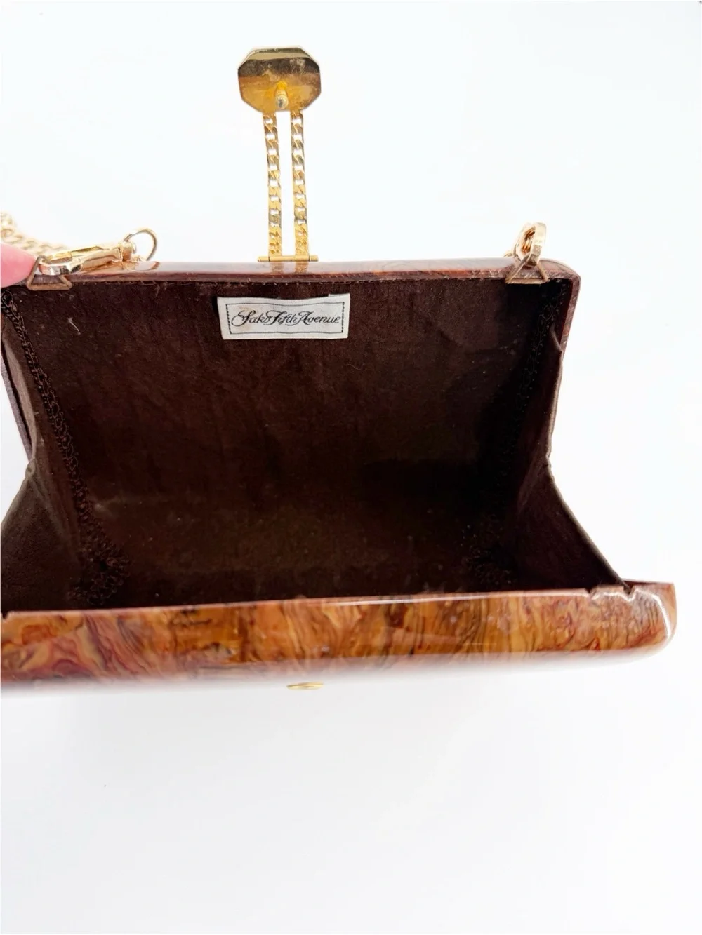 Vintage Saks Fifth Ave Brown Marbled Acrylic Gold Tone Hard Shell Clutch Purse